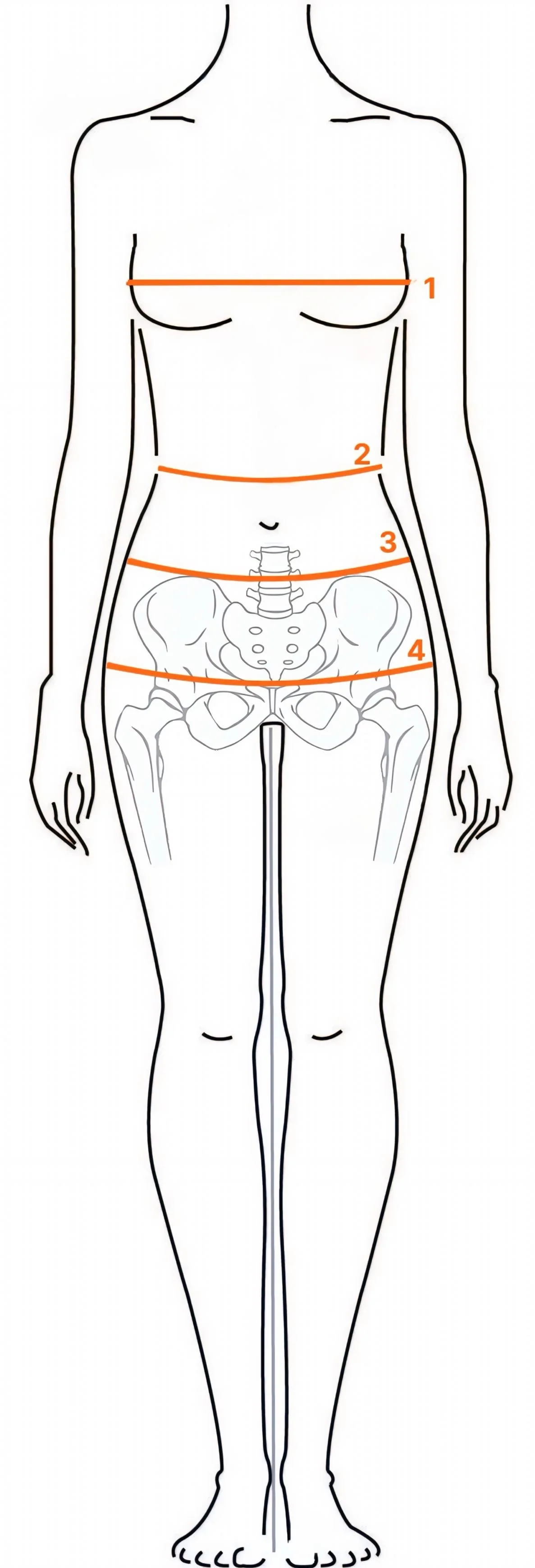 Body measurement diagram showing bust (1), waist (2), high hips (3), and full hips (4) measurement positions